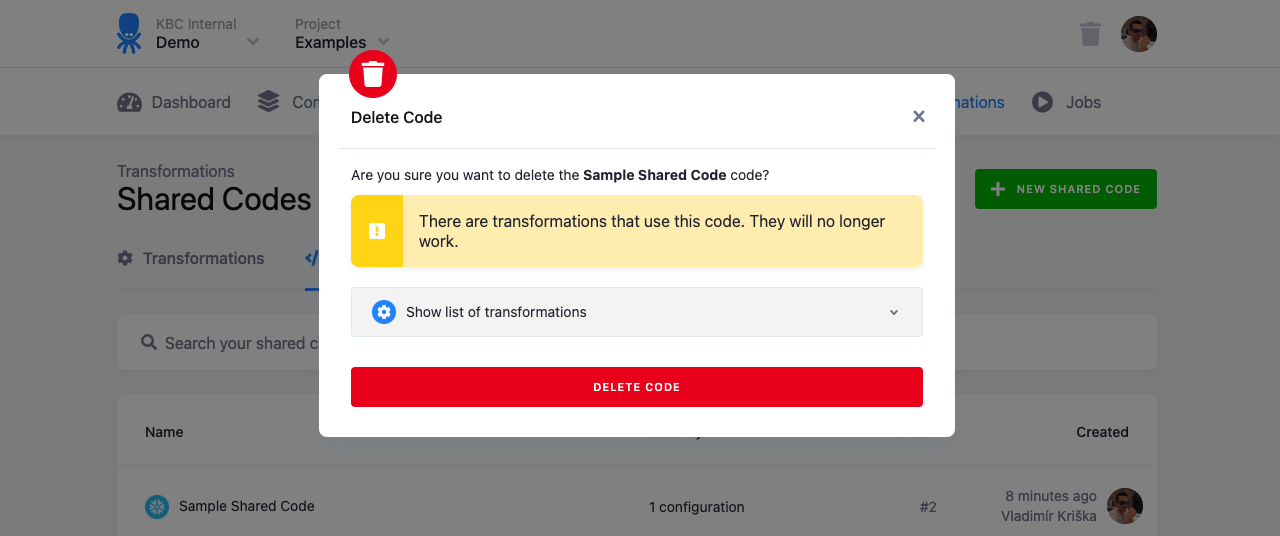 Screenshot - Shared Code Delete